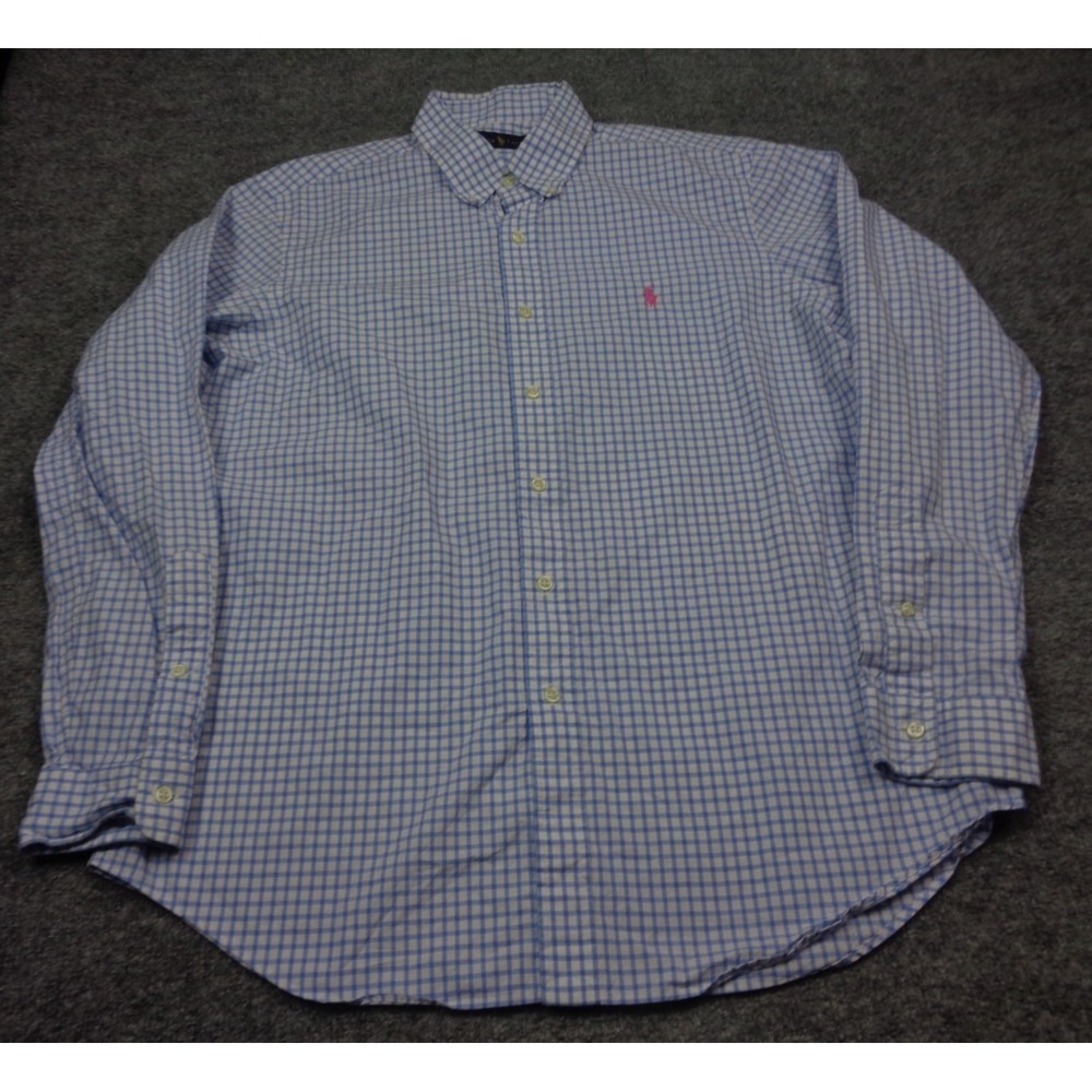 Polo Ralph Lauren Shirt Men L Blue White Gingham Plaid Check Pink Pony Classic
